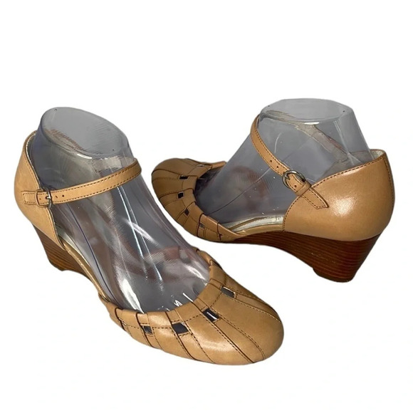 NATURALIZER Swirl Tan Leather Wedge Ankle Strap Shoes Cutout Coastal 6.5W - Picture 2 of 14